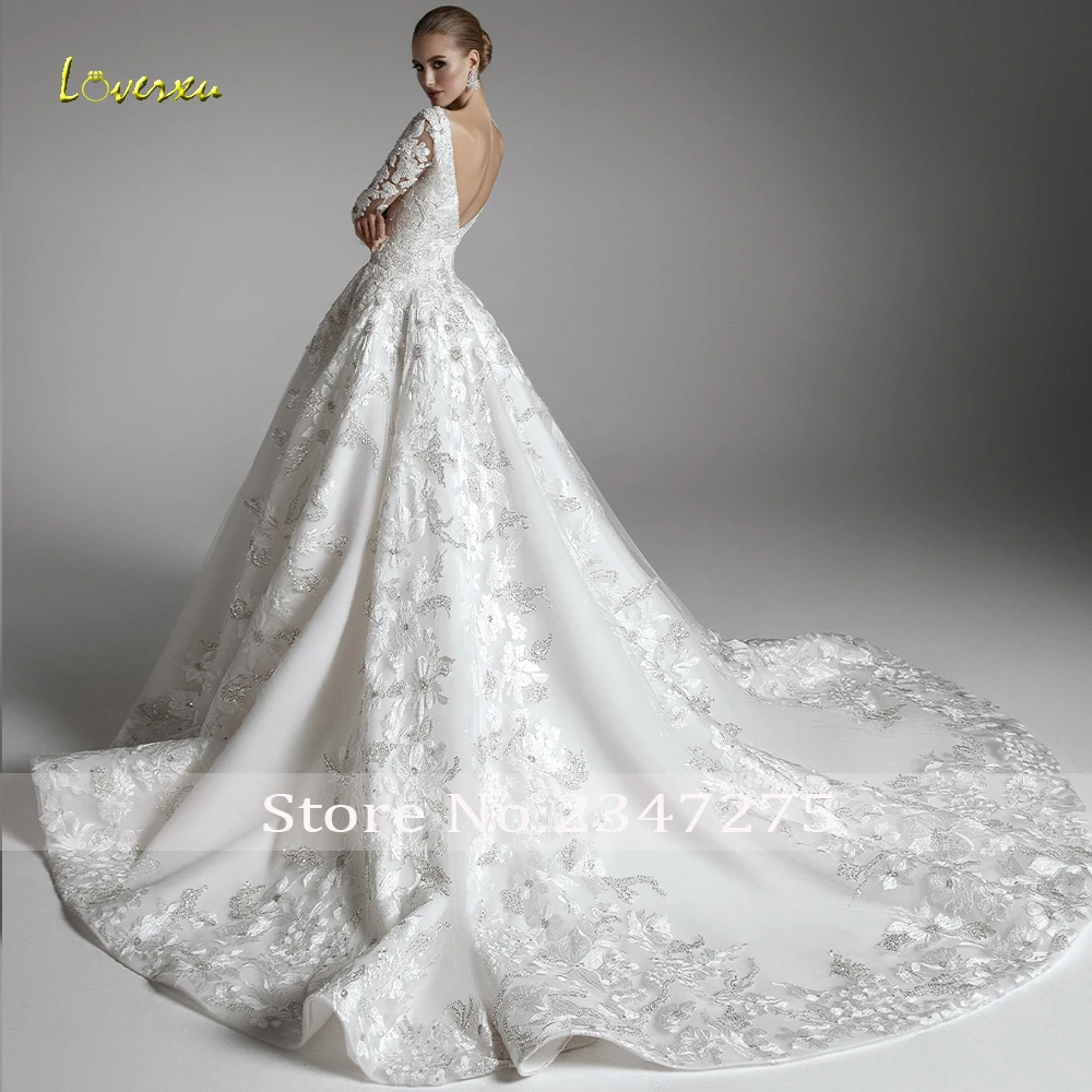 Loverxu a linha chique vestidos de casamento com decote em v manga longa vestido de novia rendas apliques sem costas delicado feito sob encomenda vestido de noiva