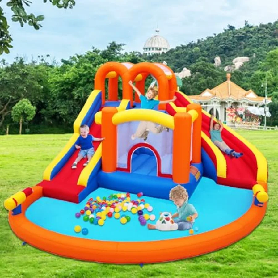 

14.2x12.8FT Inflatable Water Park Giant Slide Bounce House with 2 Long Slides Thrilling Climbs Trampoline and Big Splash Pool -