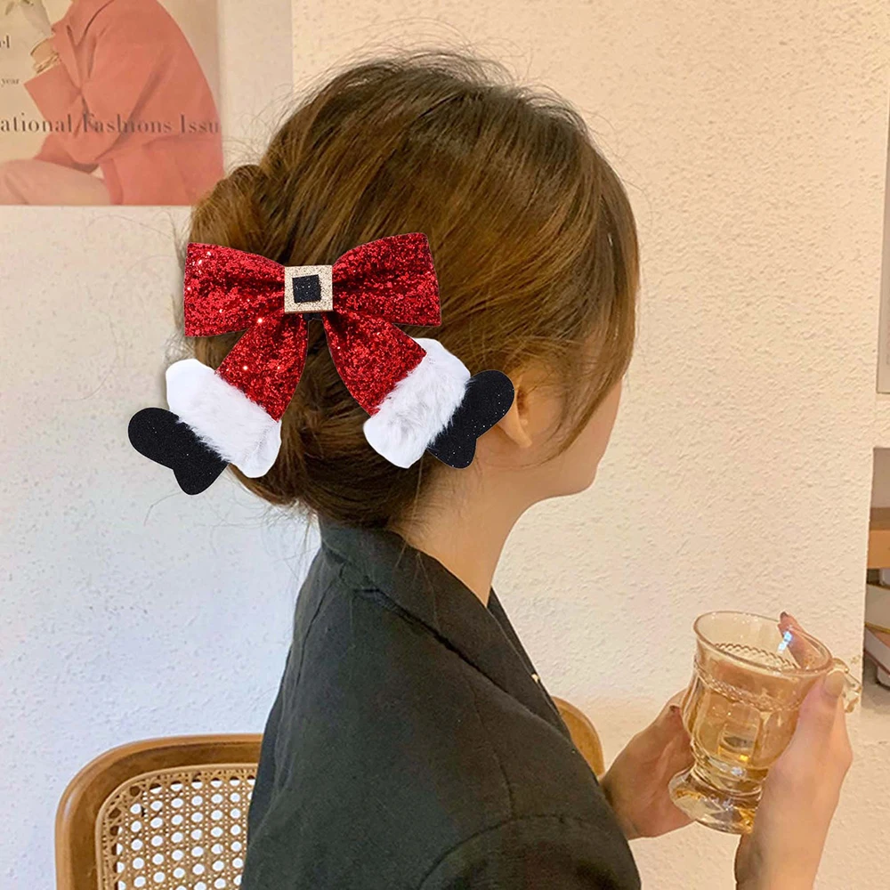 

Christmas Hairpin with Shiny Sequins Plush Red White Black Bowknot Shape Hair Clip Xmas Side Bang Hair Pin Hair Accessories