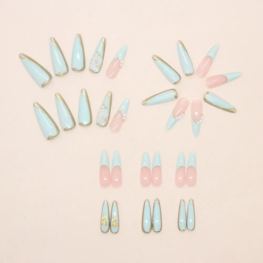 24pcs Manicure Long Almond Stiletto False Nails French Green Wavy Press on Nails Cool Rose Detachable French Nail Tips Women