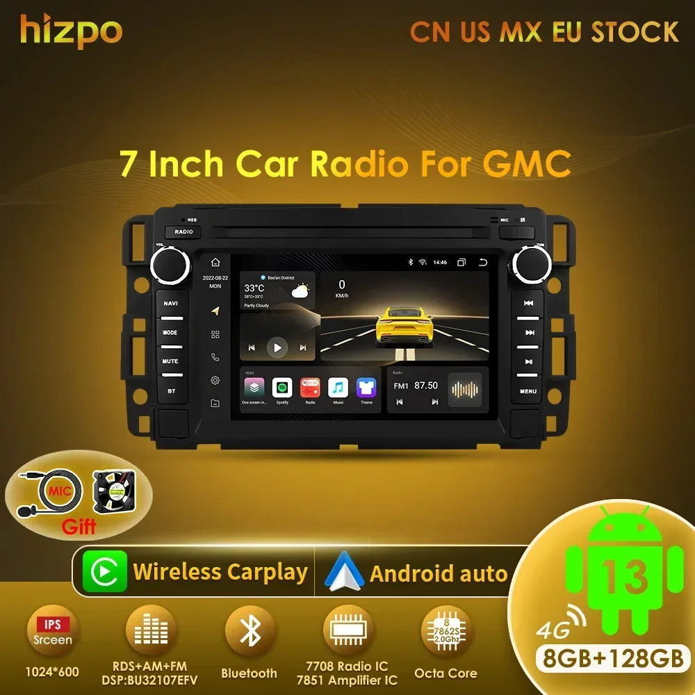 Hizpo 2Din Android 13 Car Multimedia Player Radio for GMC Chevrolet Chevy Yukon Tahoe Suburban Sierra Acadia Automotivo GPS Navi