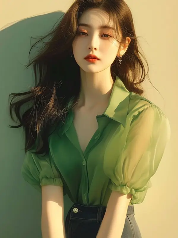 

Short Sleeved Top Summer Chic French Style Elegant and Unique Green Chiffon Blouse for Women