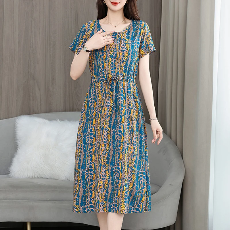 New Fashion 2025 Print Summer Dresses For Women Short Sleeve O-Neck Elegant Summer Dress Woman Clothing