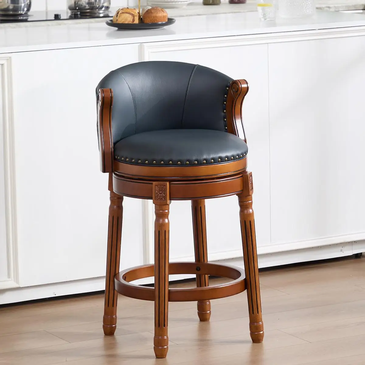 Cow Top Leather Bar Stools 26in Counter Height Wood Frame 360 Swivel Backrest for Kitchen Dining Room Home Office Blue