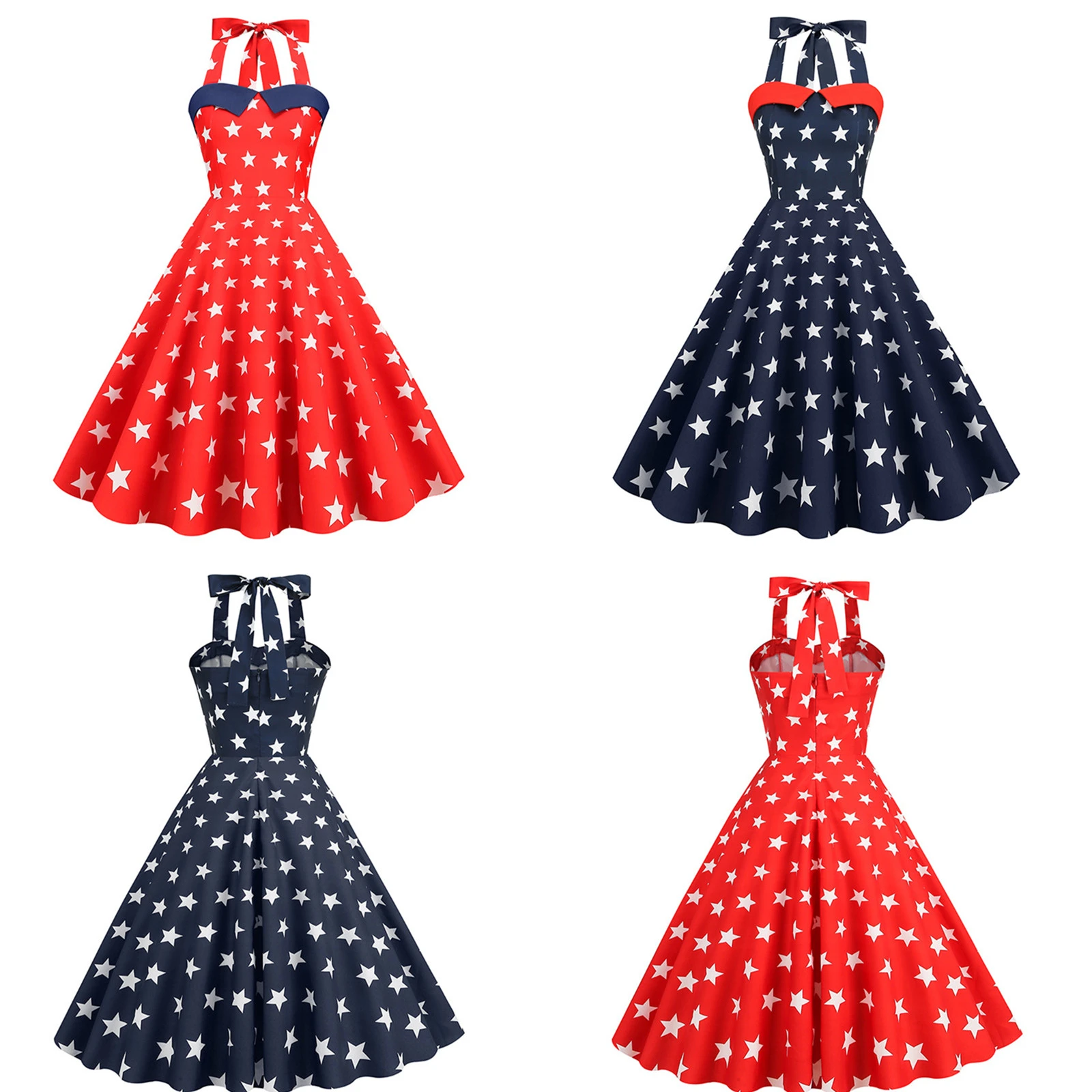 

Independence Day American Flag Dress Women Sweetheart Vintage Neck Hanging Dress with Polka Dots 4th Of July Star Costume