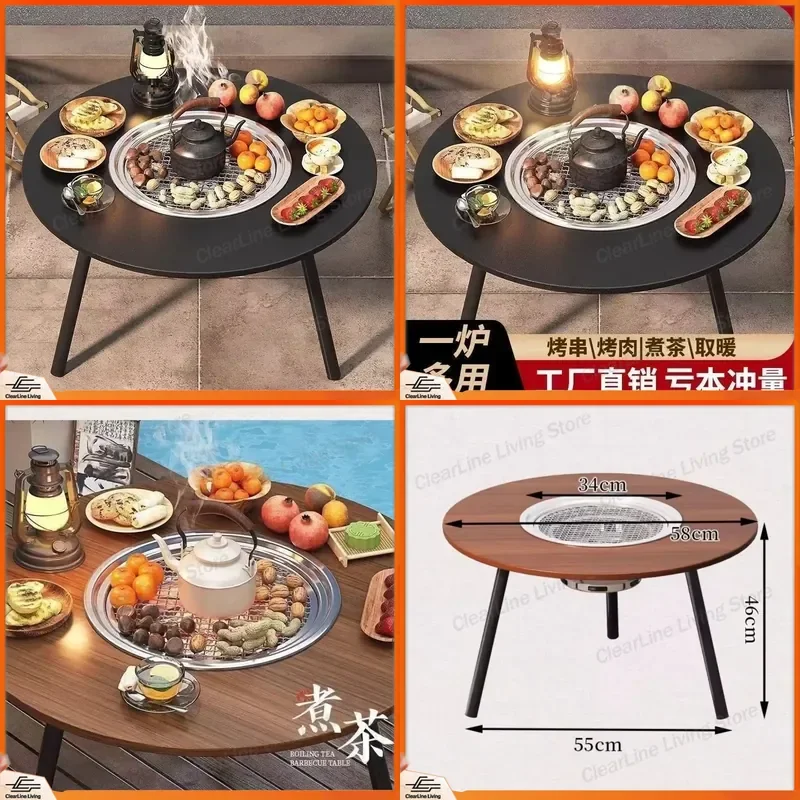 Outdoor Portable Folding Charcoal BBQ Grill Smokeless Barbecue with Tea Table for Garden Patio Household Fireplace