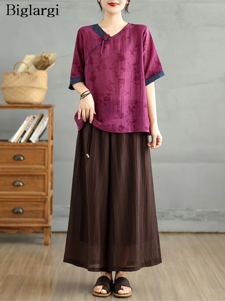 

Oversized Summer Chinese Style 2 Two Piece Set Women Floral Print Fashion Ladies Blouses Wide Leg Loose Woman Elastic Waist Pant