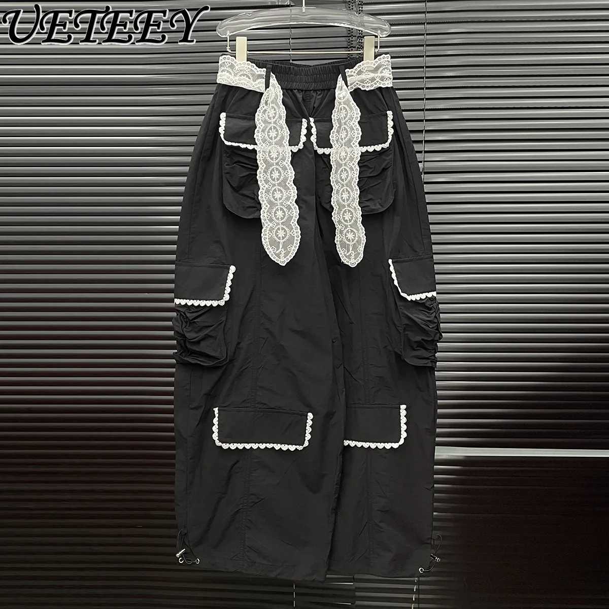 

European Station Women's Lace Belt Tooling Style Casual Pants Lady Spring Niche Design Black Retro Loose Trousers Tide
