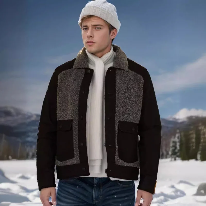 

2024New Autumn and Winter Lambswool Patchwork Wool Coat Woolen Coat European Style Jacket for Men