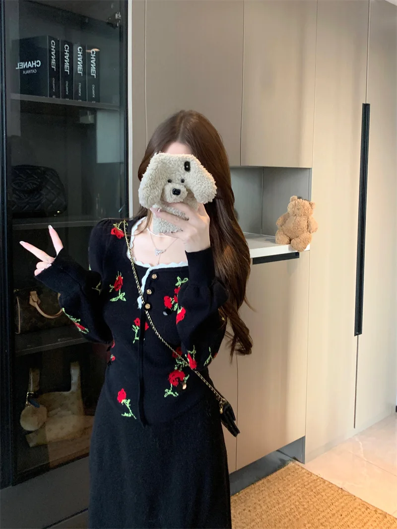 

Жаккардовый розово-черный вязаный топ в стиле ретро для женщин, пуловер с квадратным воротником и длинными рукавами, трикотаж, осенний нишевый внутренний свитер в стиле Харадзюку