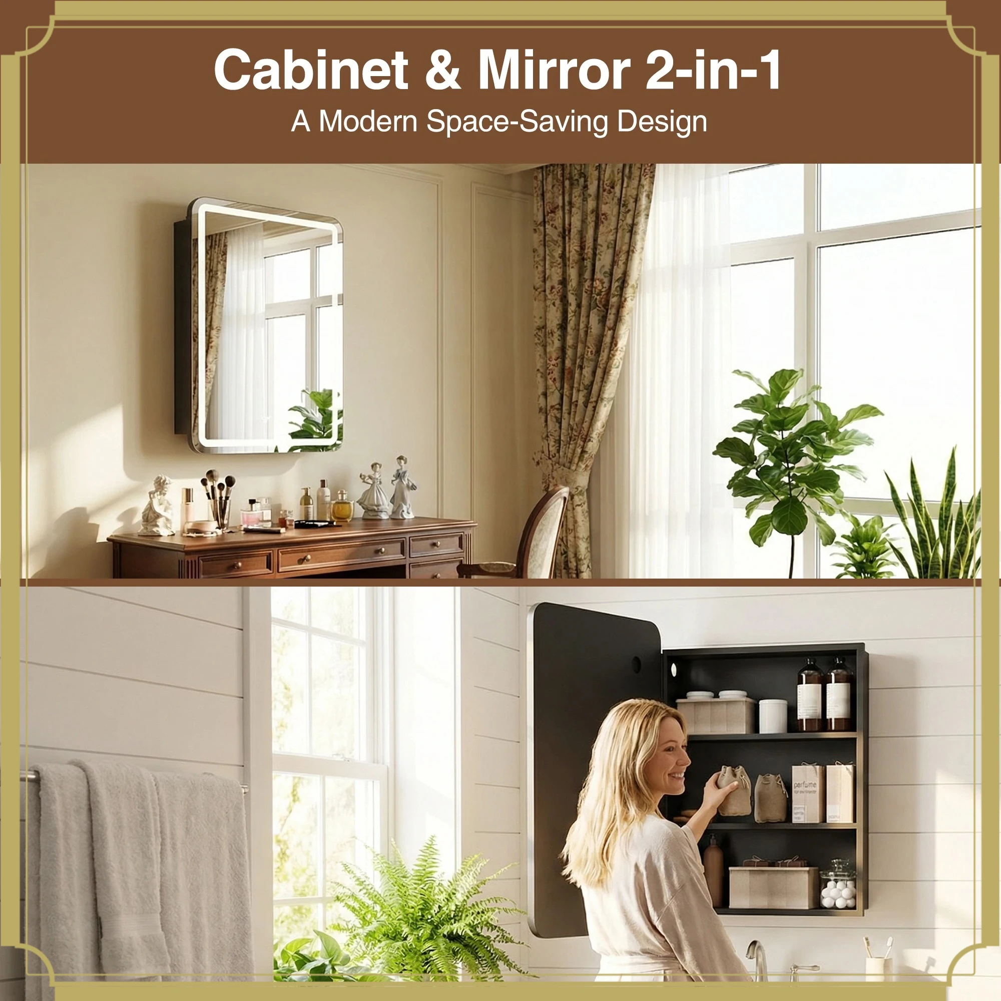 

LED Bathroom Mirror Cabinet Wall Mounted Dimmable Light Defogging 3-Tier Storage Shelves Vanity Makeup Mirror Home Furniture