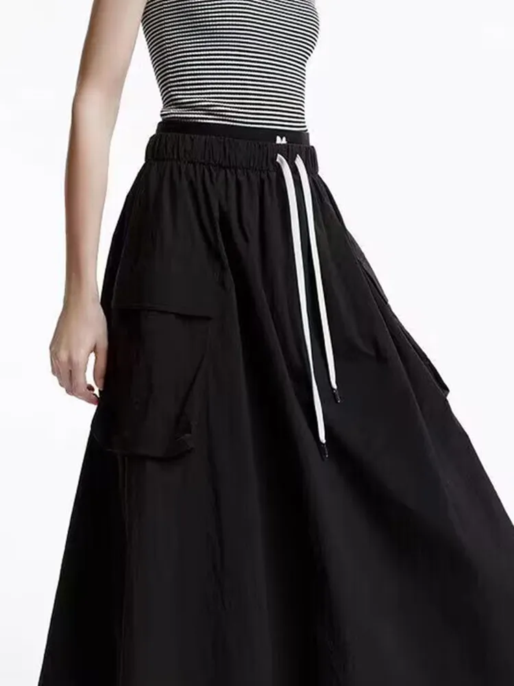 2024 New Spring Summer Women A-Line Midi Skirt Elastic Waist Drawstring Large Pockets Casual Female Jupe