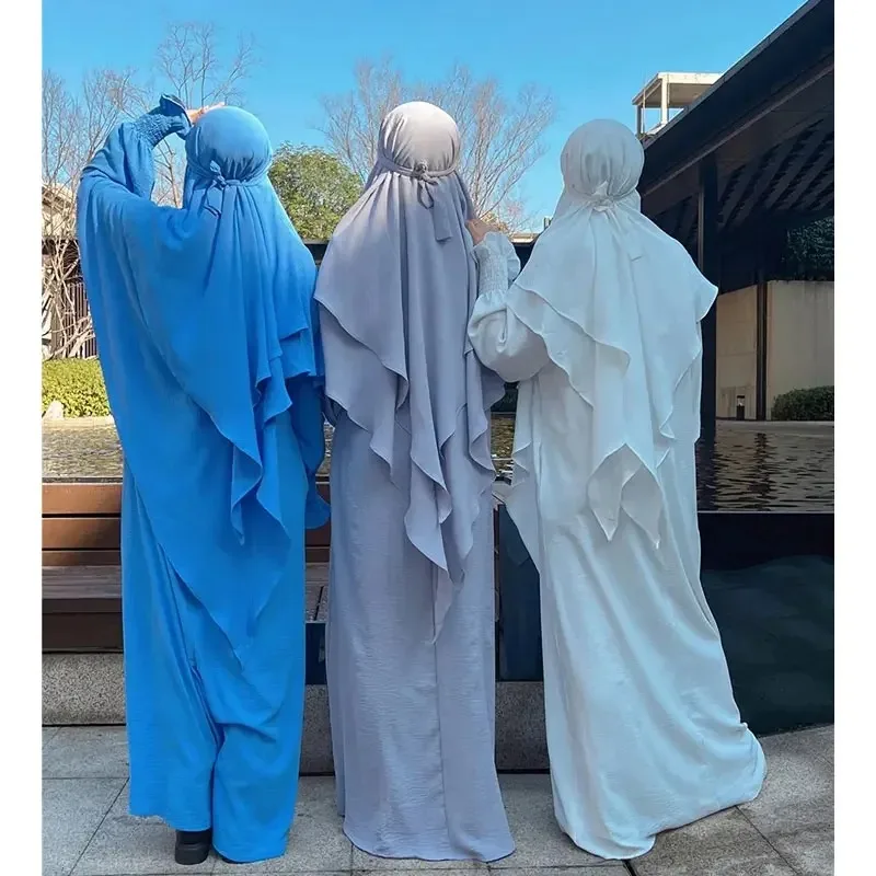 Ramadan Eid Jilbab 2 Piece Set Crepe Muslim Women Prayer Garment Abaya Set Match Khimar Long Hijab Dress Islamic Clothing Niqab