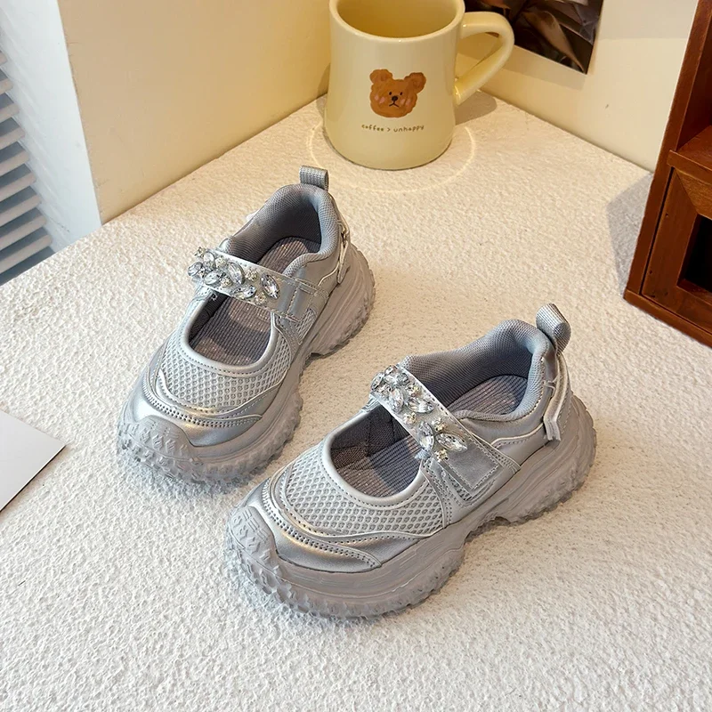 

2025 Spring Summer Girls Fashion Shoes with Rhinestone Kids Crystal Breathable Sneakers Air Mesh Casual Classic Soft Sole Shoes