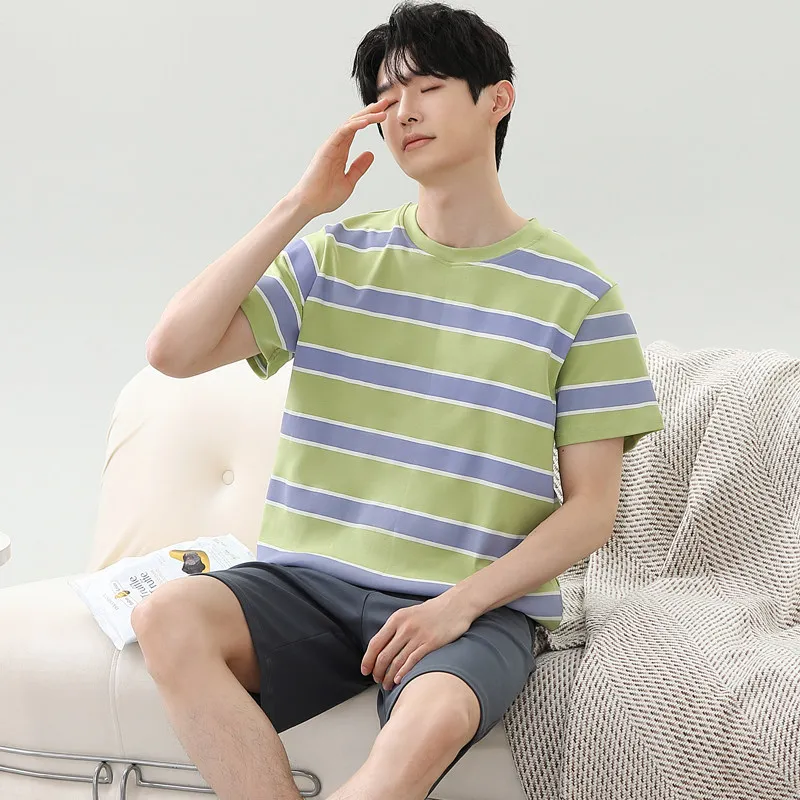 

Новый летний мужской хлопковый пижамный комплект в полоску: футболка с коротким рукавом и свободные шорты для отдыха и сна