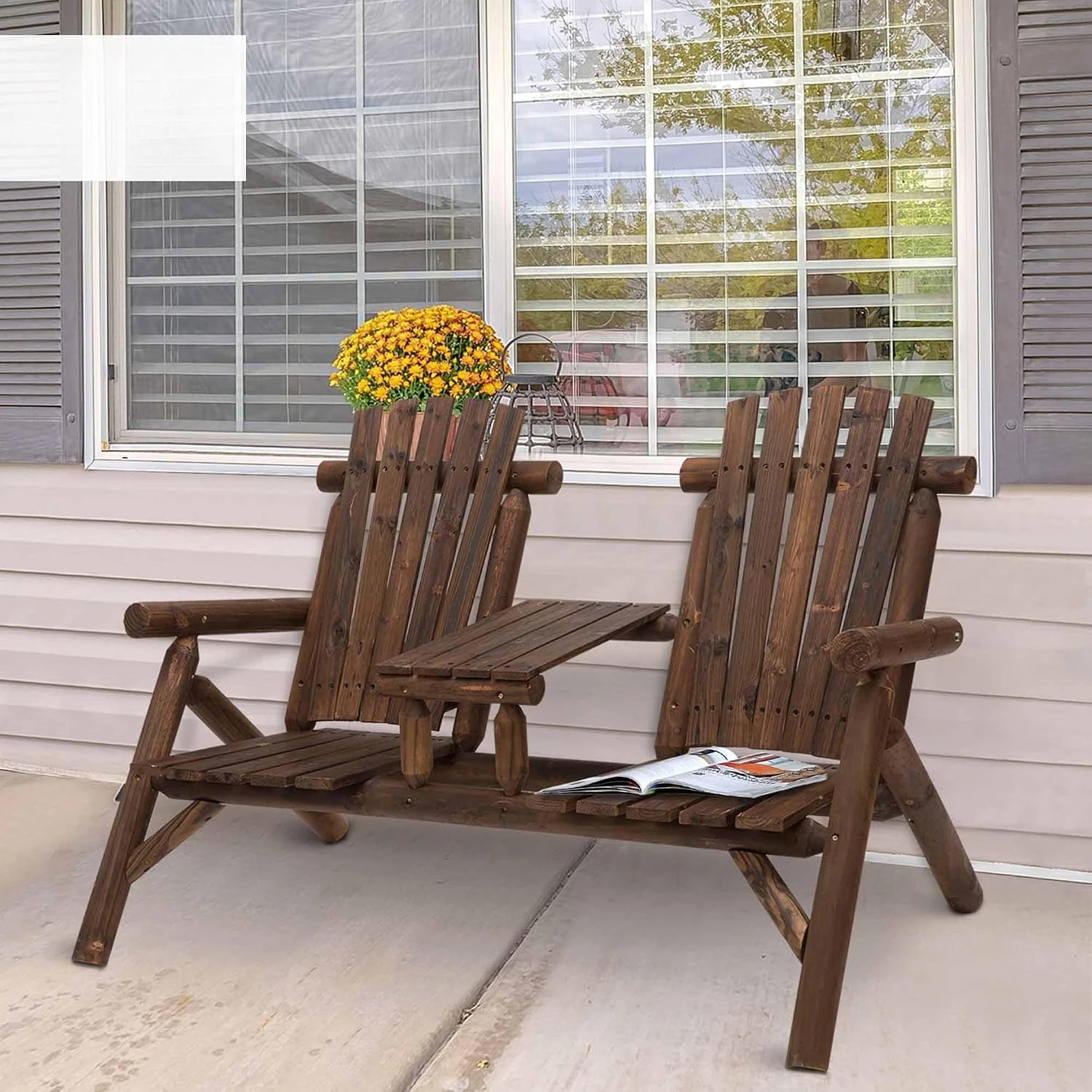 2 Seat Wooden Adirondack Chair Patio Bench With Table Carbonized Outdoor Loveseat Fire Pit Chair Seating Furniture For Porch Backyard Deck Garden Lawn, Carbonized Brown