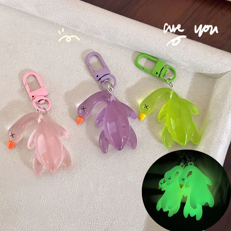 

Cute Color Changing Roasted Duck Keychain PVC Car Rearview Mirror Pendant Luminous Ice Transparent Duck Hanging Ornament