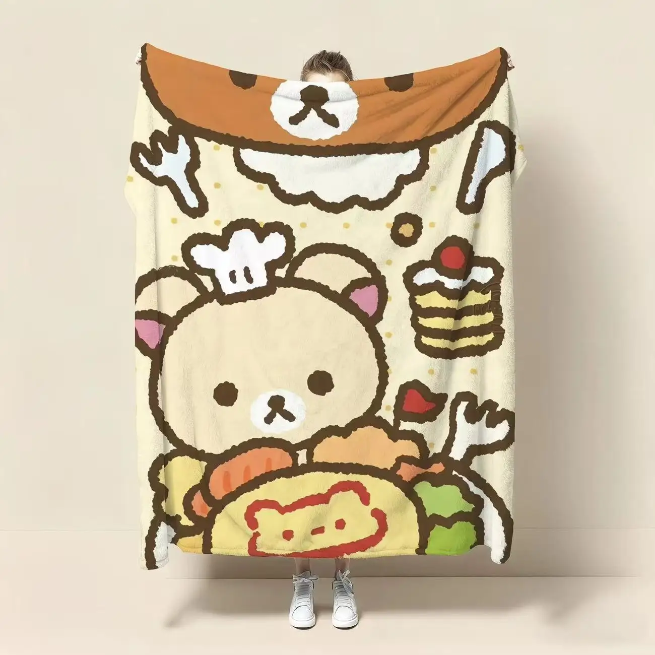 Rilakkuma Flanelldecke, kreatives, hochwertiges Anime-Cartoon-Design, digital bedruckt, verdickt, warm, weich, für Männer und Frauen, als Schlafdecke geeignet. – Detail 11