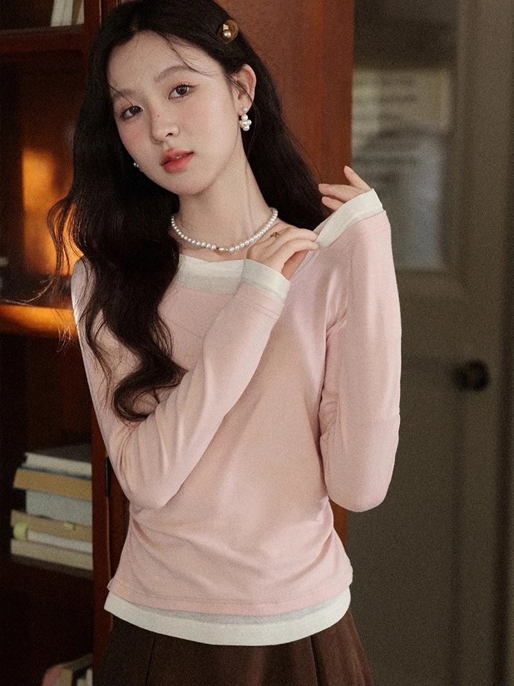 

ALXNAN Pink Long Sleeve T-shirt Fake Two-piece Elegant Slim-fit Cotton Women's T-shirts 2025 Pleated Waist Tops Female L569172-1