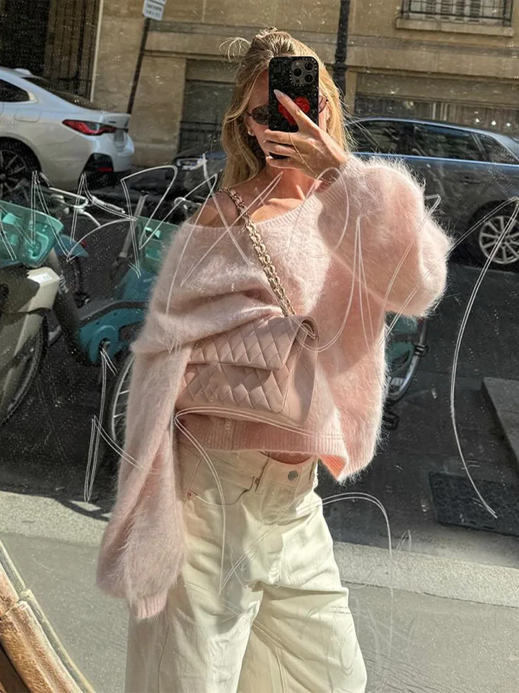Fashion Off-Shoulder Sweater Women's Solid Loose Fuzzy Long Sleeve All-match Pullover 2025 Autumn New Ladies Casual Tops