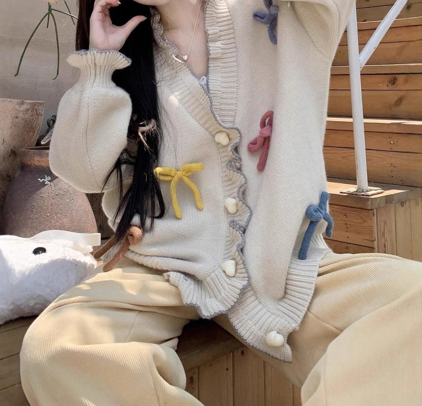 

Sweet Three-dimensional Bow Knitted Cardigan 2025 Autumn New Design Loose Sweater Jacket