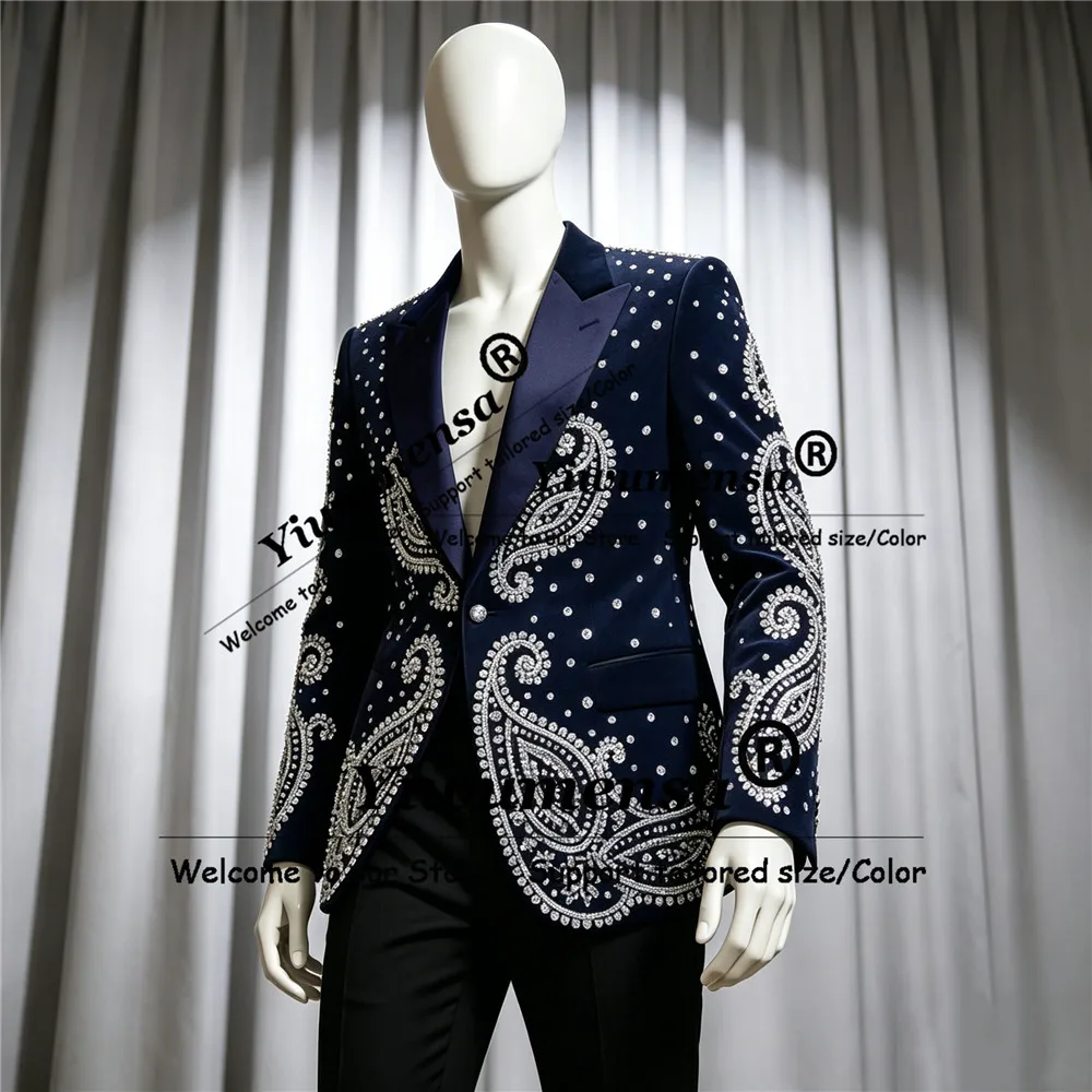 

Luxury Wedding Suits For Man Black Peaked Label Velvet Prom Blazers Customized 2 Pieces Sets Groom Tuxedos Jewelry Stones Outfit