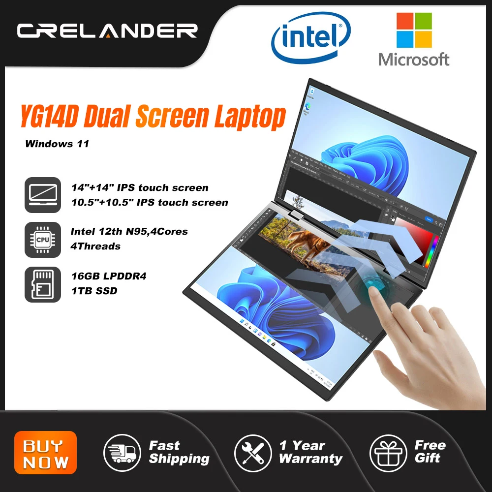 CRELANDER Dual Screen Laptop 14+14 Inch 2K Touch Screen Notebook Intel N95 CPU 360 Degree Flip Metal Case 2 in 1 Laptop Computer 