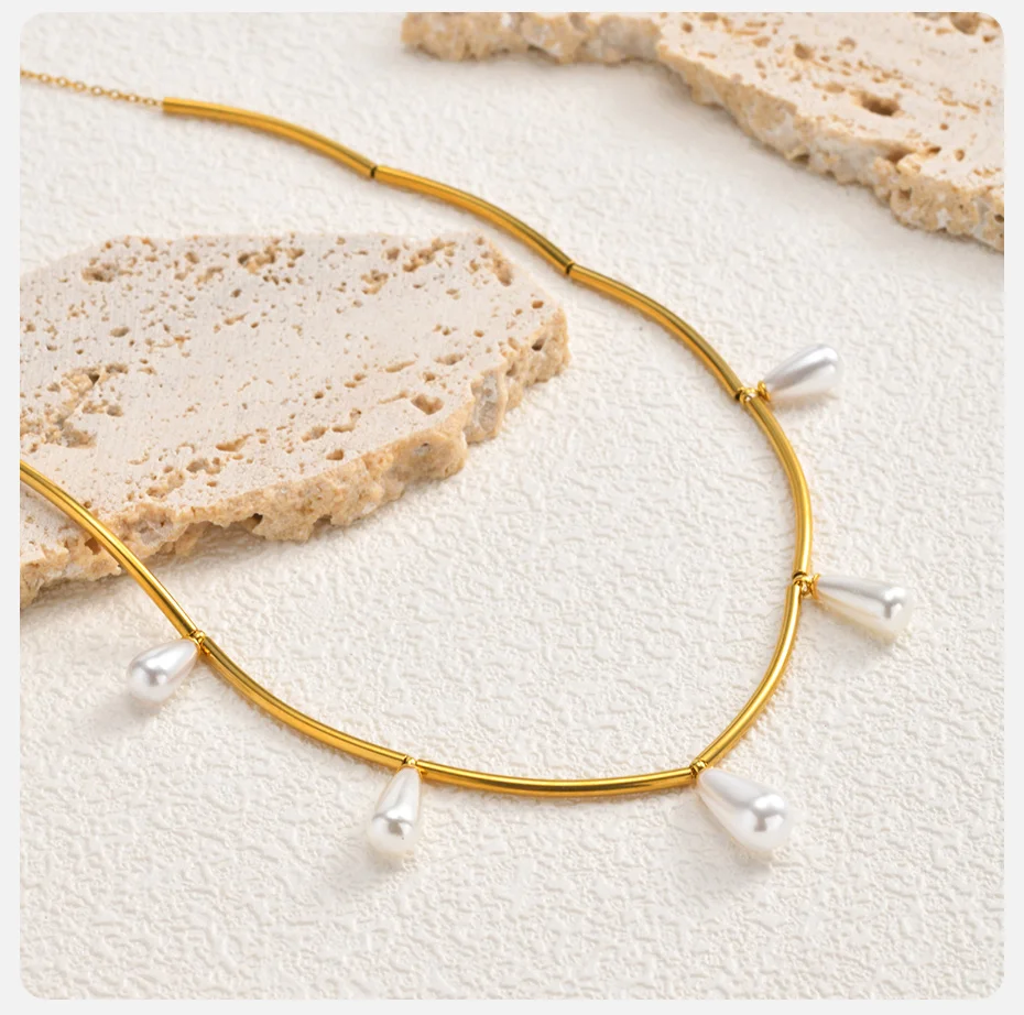 Vnox 18K Vergoldete Edelstahl-Halskette mit Tropfenförmiger Imitationsperle Chili-Horn-Anhänger Charms-Halsketten Strandurlaub Geschenk – Detail 6