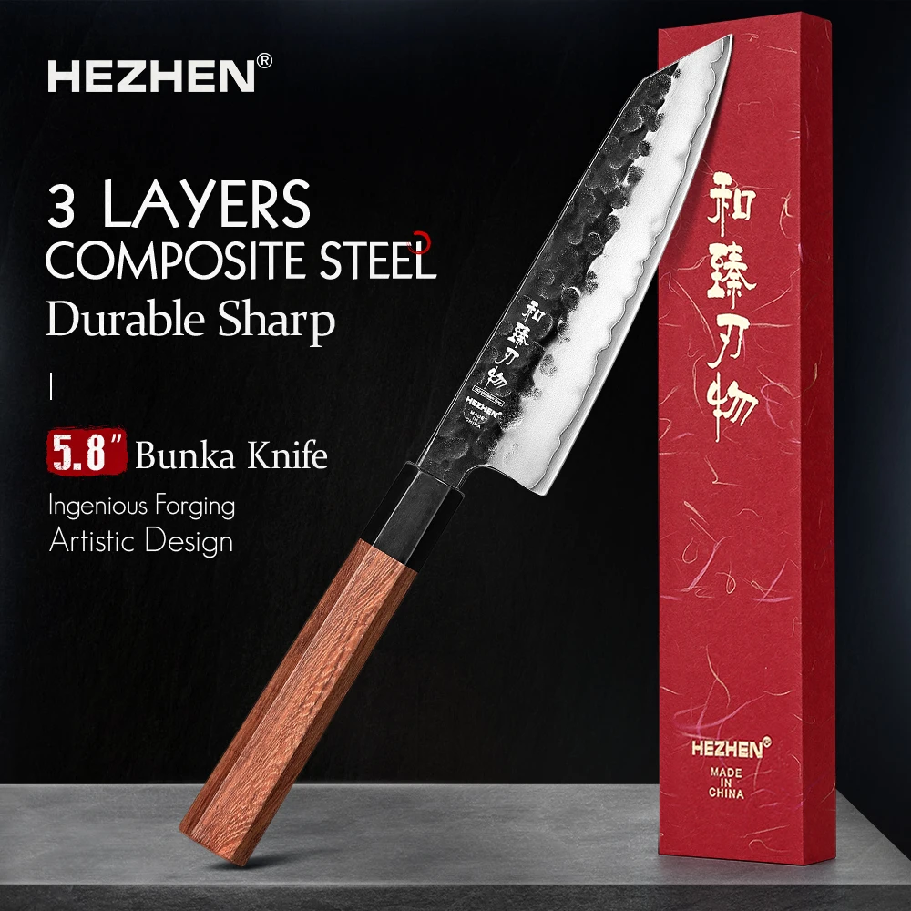 HEZHEN 5.8 Inch Bunka Knife Three-layer Composite Steel Stainless Steel Red Wood Handle Kitchen Cooking Utility Chef Knives