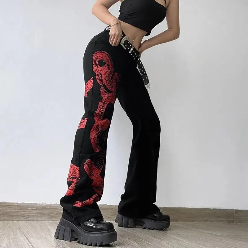 New Black Red Contrast Snake Print Design Harajuku Female Jeans Women Straight Baggy Chic Y2k Streetwear High Waist Denim Pants