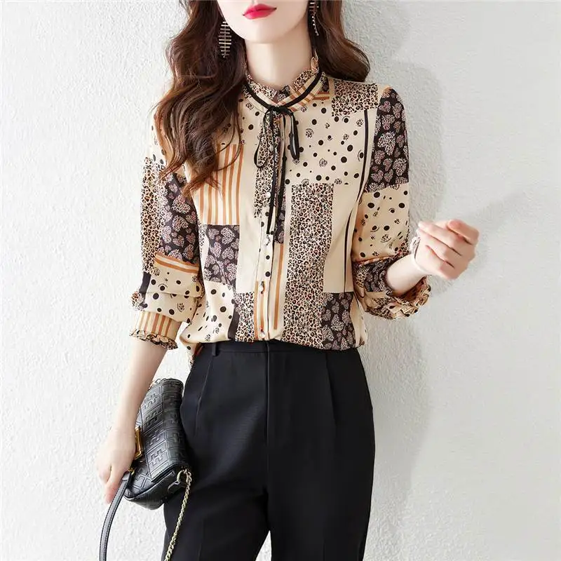 Spring Autumn New Round Neck Long Sleeve Fashion Shirt Women Casual Printing Button Lacing Cardigan Edible Tree Fungus Chic Top