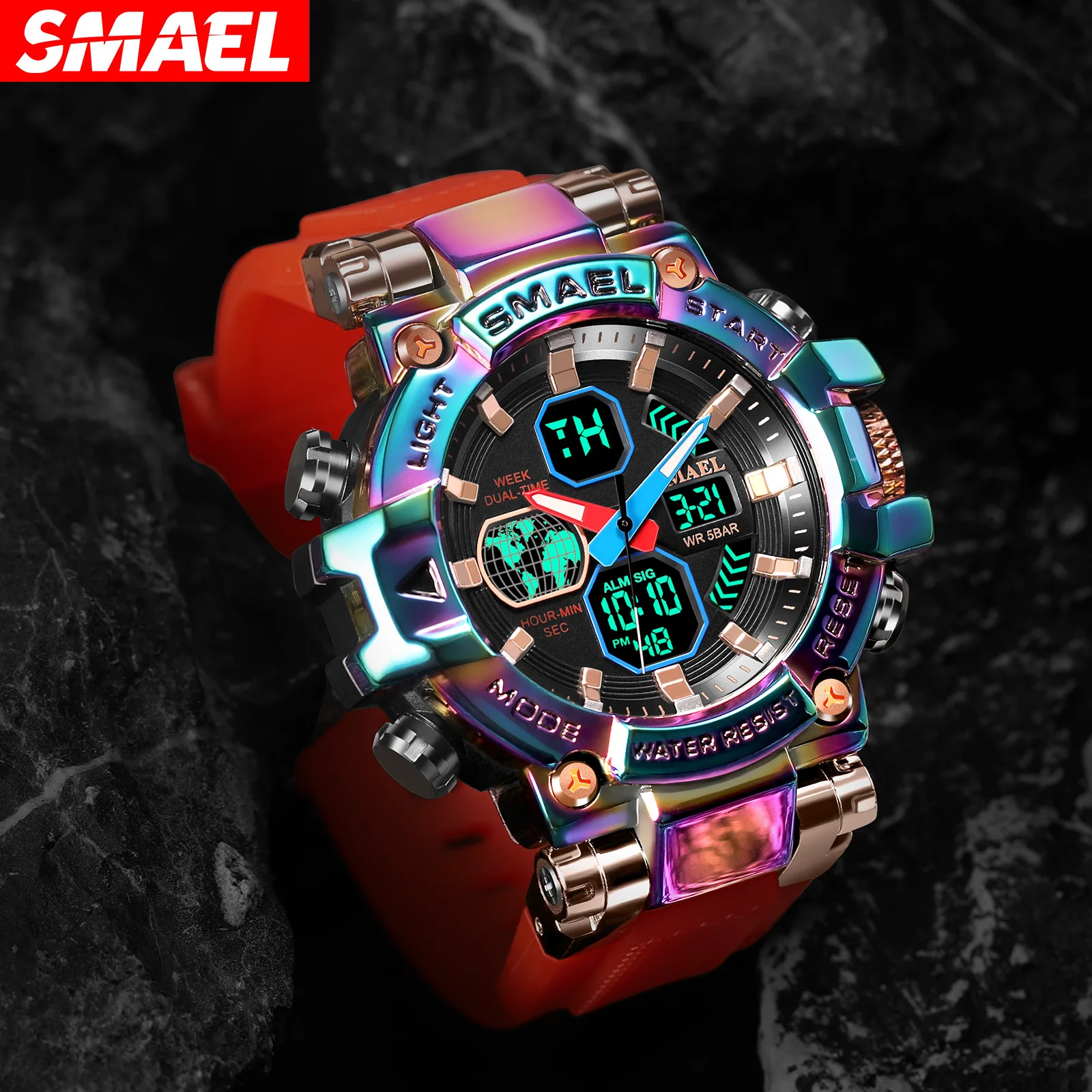 SMAEL-reloj electrónico para hombre, cronógrafo Digital con fecha luminosa, multifuncional, resistente al agua, colorido, para deportes al aire libre, a la moda, 8027