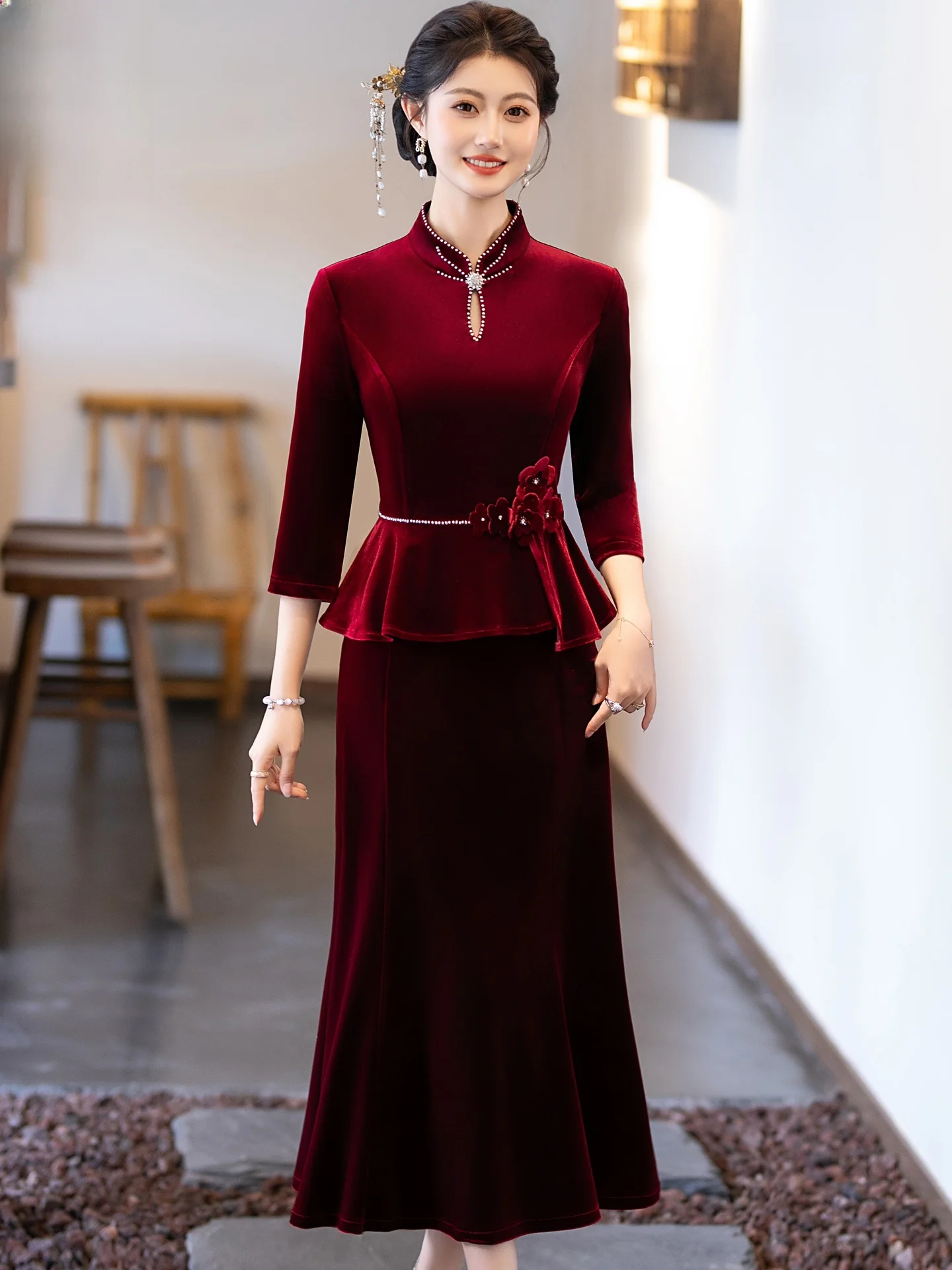 

Elegant Velvet Wedding Dress for Elderly Women Young at Heart Luxury Long Sleeve Floor Length Evening Gown with Embellishments