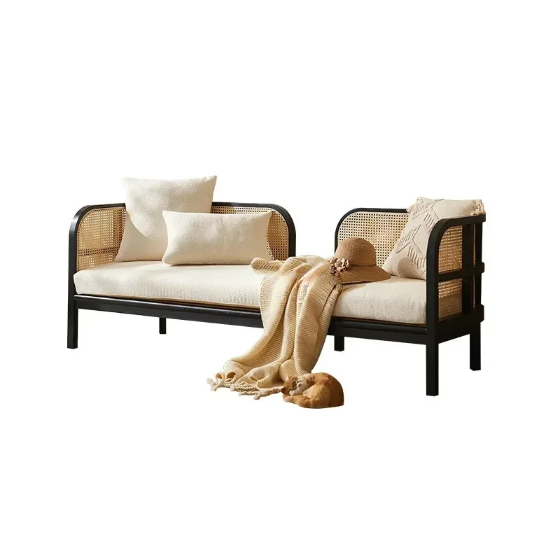 

NEW Wabi Sandy Wind Solid Wood Rattan Sofa Nordic Vintage Furniture Living Room Rattan Chair
