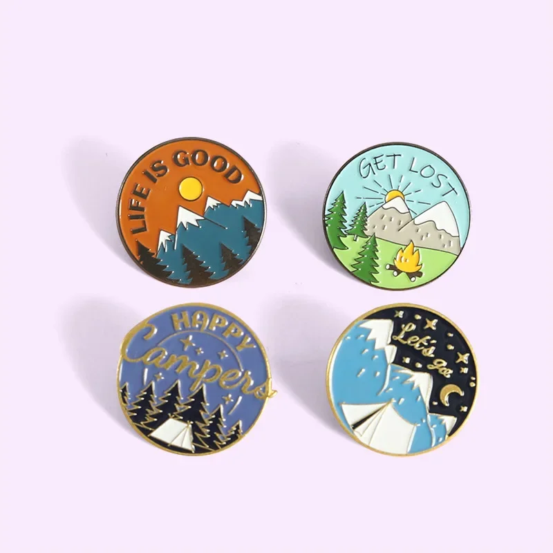 Cartoon Landscape Brooch Snow Mountain Pine Tree Pattern Round Metal Badge Wholesale Bag Pins for Backpacks Decorative Brooches