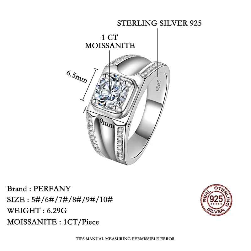 PERFANY 1CT مويسانيتي الدائري للرجال S925 الفضة النقية مطعمة مختبر الماس خاتم الخطوبة مجوهرات الزفاف الفاخرة #3