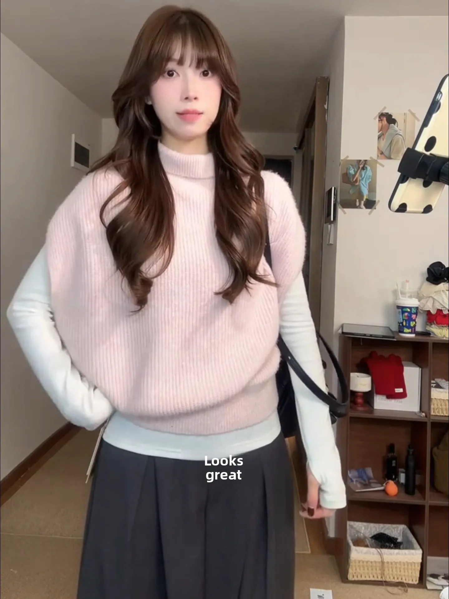 

Pink High Collar Loose Sleeveless Vest Women's Autumn Winter Outerwear Fashionable Ageless Top Sweet Style Knitted Sweater