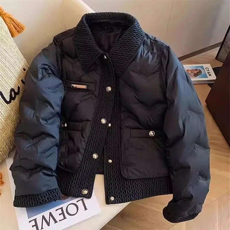 

Премиальное теплое короткое пальто из хлопка с отложным воротником и ткаными вставками в стиле пэчворк, женское, новая коллекция осень-зима 2025, винтажное, свободного кроя