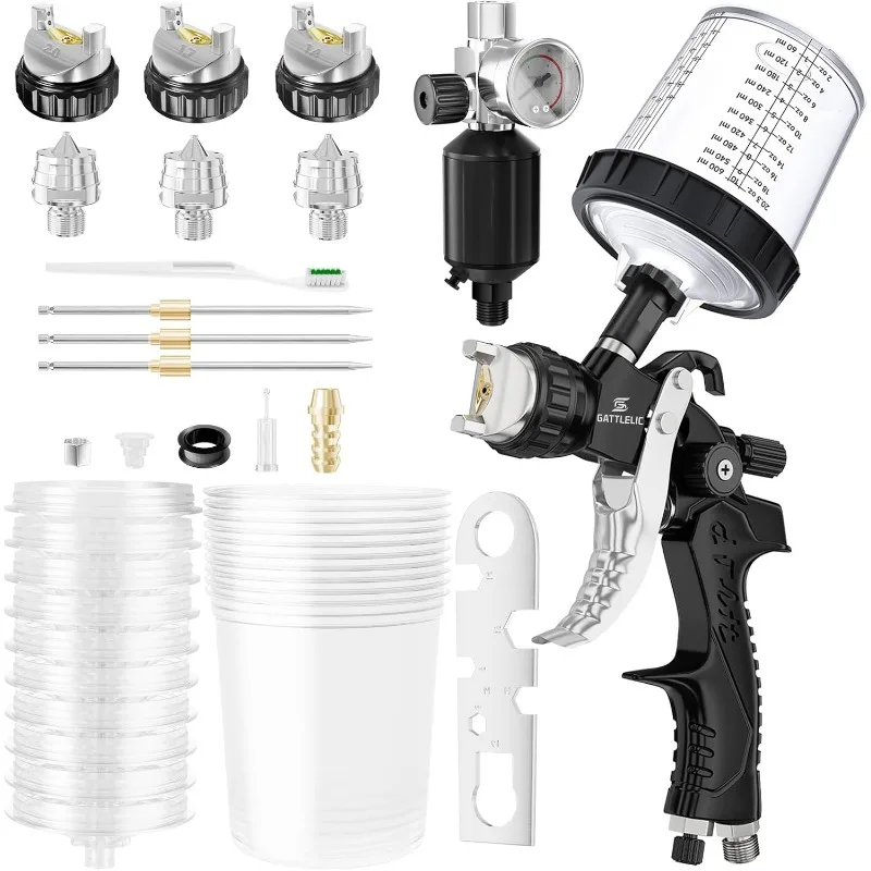 

HVLP Air Spray Gun with 1.4/1.7/2mm Nozzles & Air Compressor Regulator, Air Spray Paint Gun w/10pcs 600cc Mixing Cup and Lids