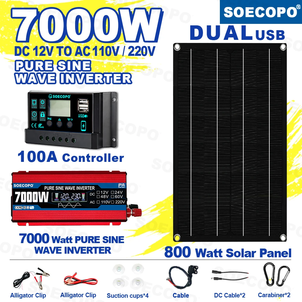 

SOECOPO 7000W Portable Solar System Kit 800W Panel Pure Sine Wave Inverter DC 12V To 110V/220V 100A Controller for Camping Home