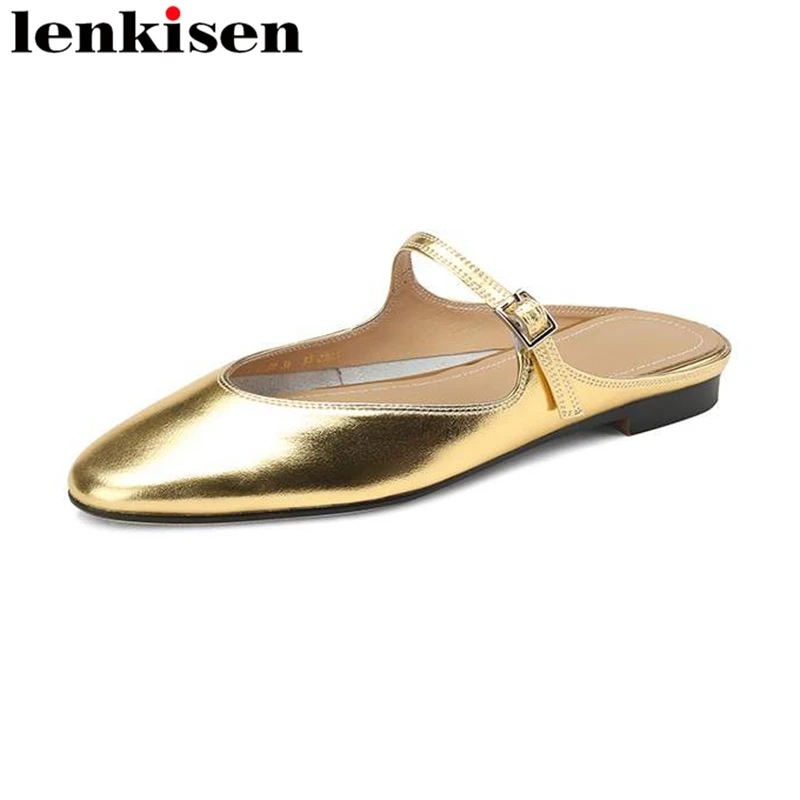 

Lenkisen Cow Leather Round Toe Flat With Dating Office Lady Summer Mules Shoes Slip On Sweet Slingback Women Outside Slippers