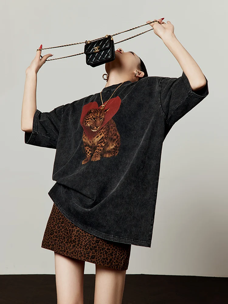 

Washed Black T-Shirt Women's Short Sleeve Printed Casual Loose Fit Summer New Style Original Design Leopard Print round Neck Top