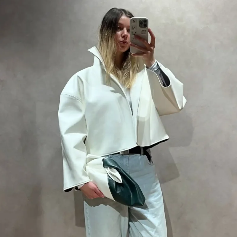 White Loose Stand Collar Faux Leather Jacket Fashion Open Front Drop Shoulder Loose Short Coat 2026 Autumn Daily Street Outfits