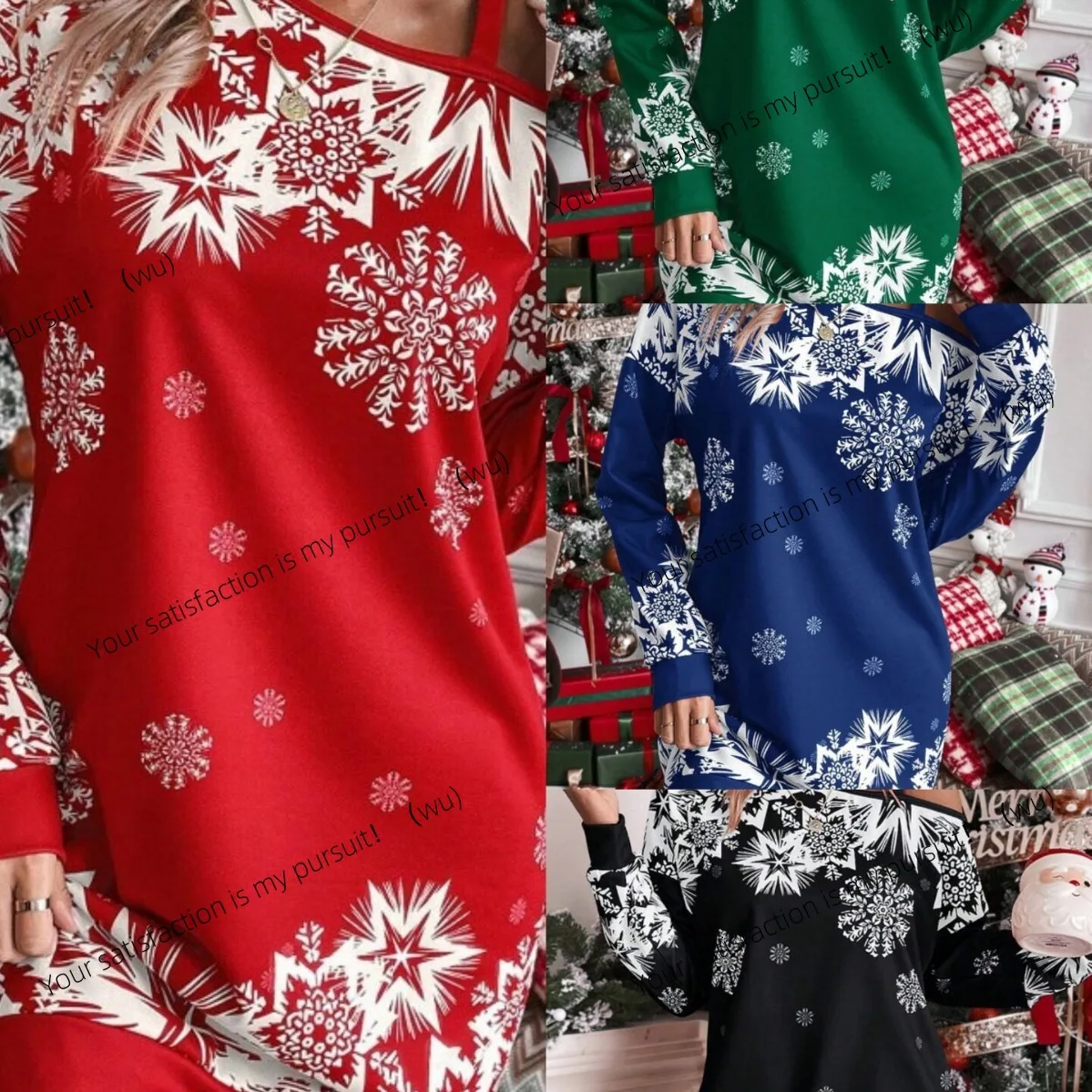 

Christmas explosion snowflake European and American printing diagonal shoulder autumn and winter dress women's autumn and winter