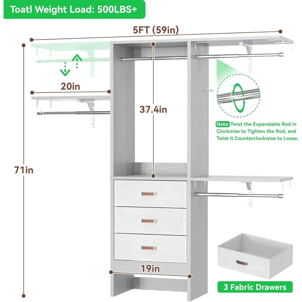5FT Small Closet System with 3 Fabric Drawers, 60 Inches Walk In Closet Organizer System With 3 Adjustable Shelves, Hea