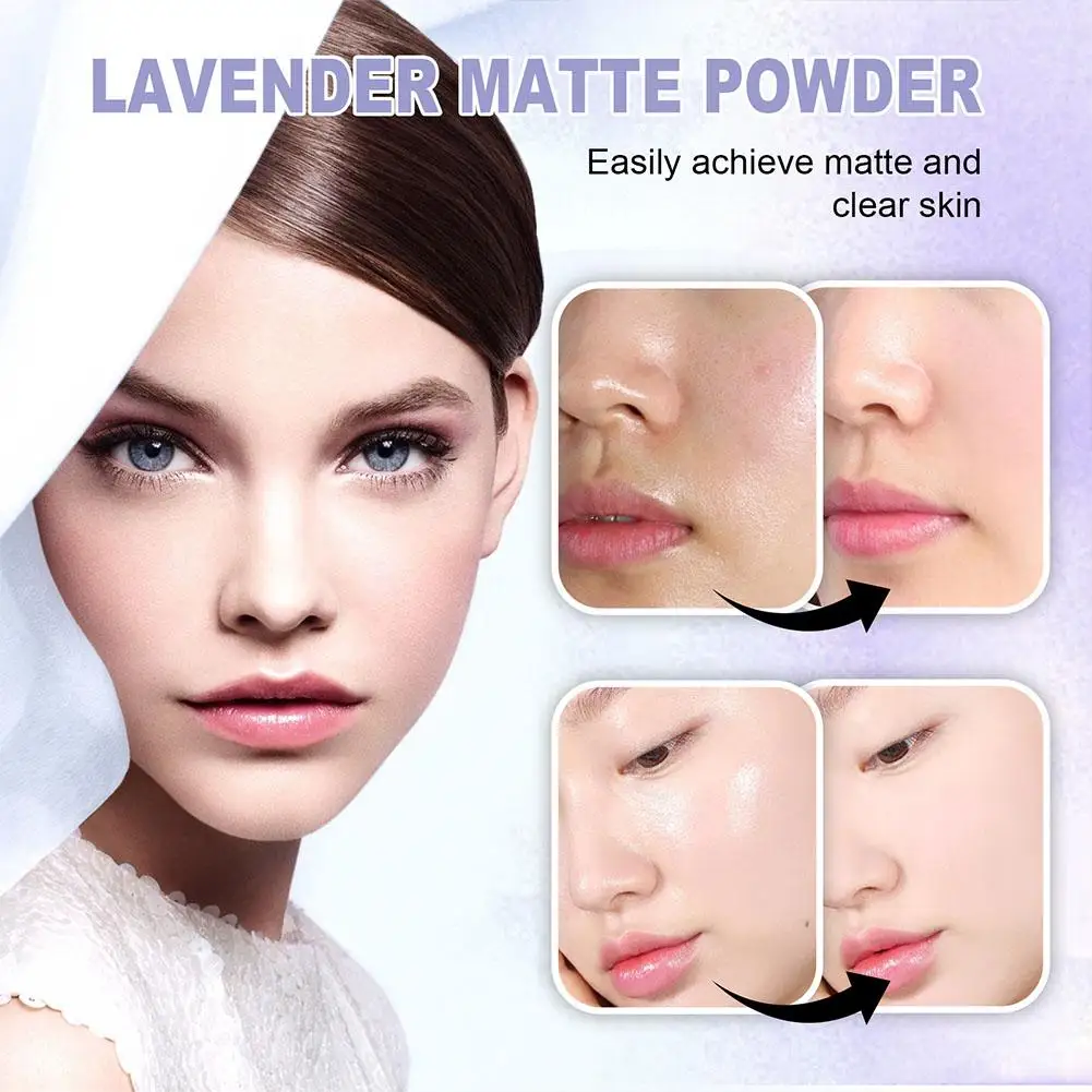 Polvo prensado facial mate de lavanda, compacto, 24H, Control de aceite de larga duración, polvo de ajuste suelto translúcido para maquillaje facial, 10g