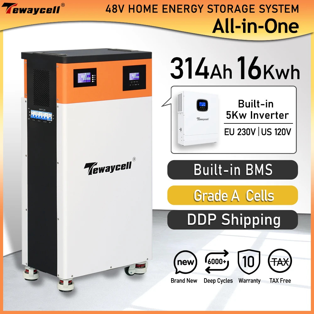

Tewaycell «все в одном», 48 В, 314 Ач, 15 кВтч, Powerwall, 51,2 В, 16 кВтч, LiFePO4, встроенный аккумулятор, инвертор 5 кВт, система солнечной энергии ESS