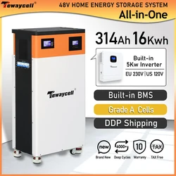 Tewaycell All in One 48V 314Ah 15KWh Powerwall 51.2V 16KWh LiFePO4 Battery Built-in 5KW Inverter ESS Solar Energy System