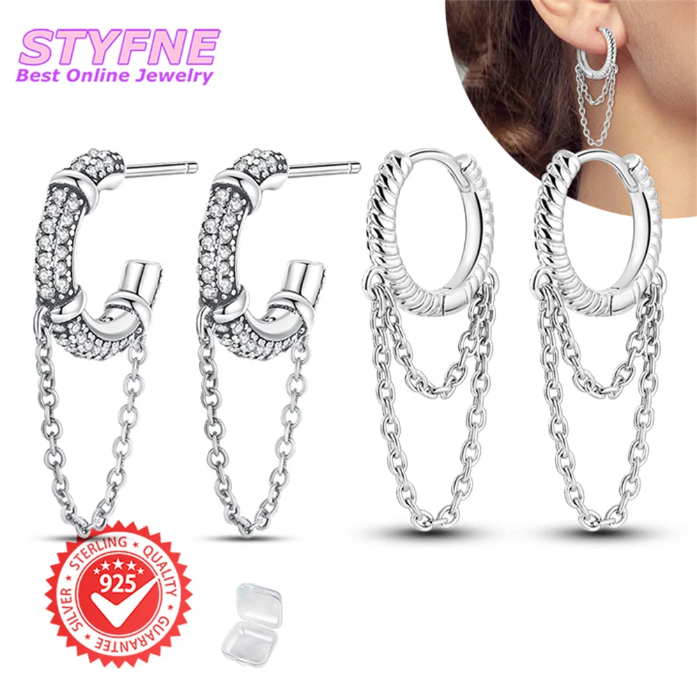 2 Set 925 Sterling Silver Circle Shaped Chain & Snake Bone Chain Hoop Earrings for Women Girls Fashion Earrings Jewelry Gifts