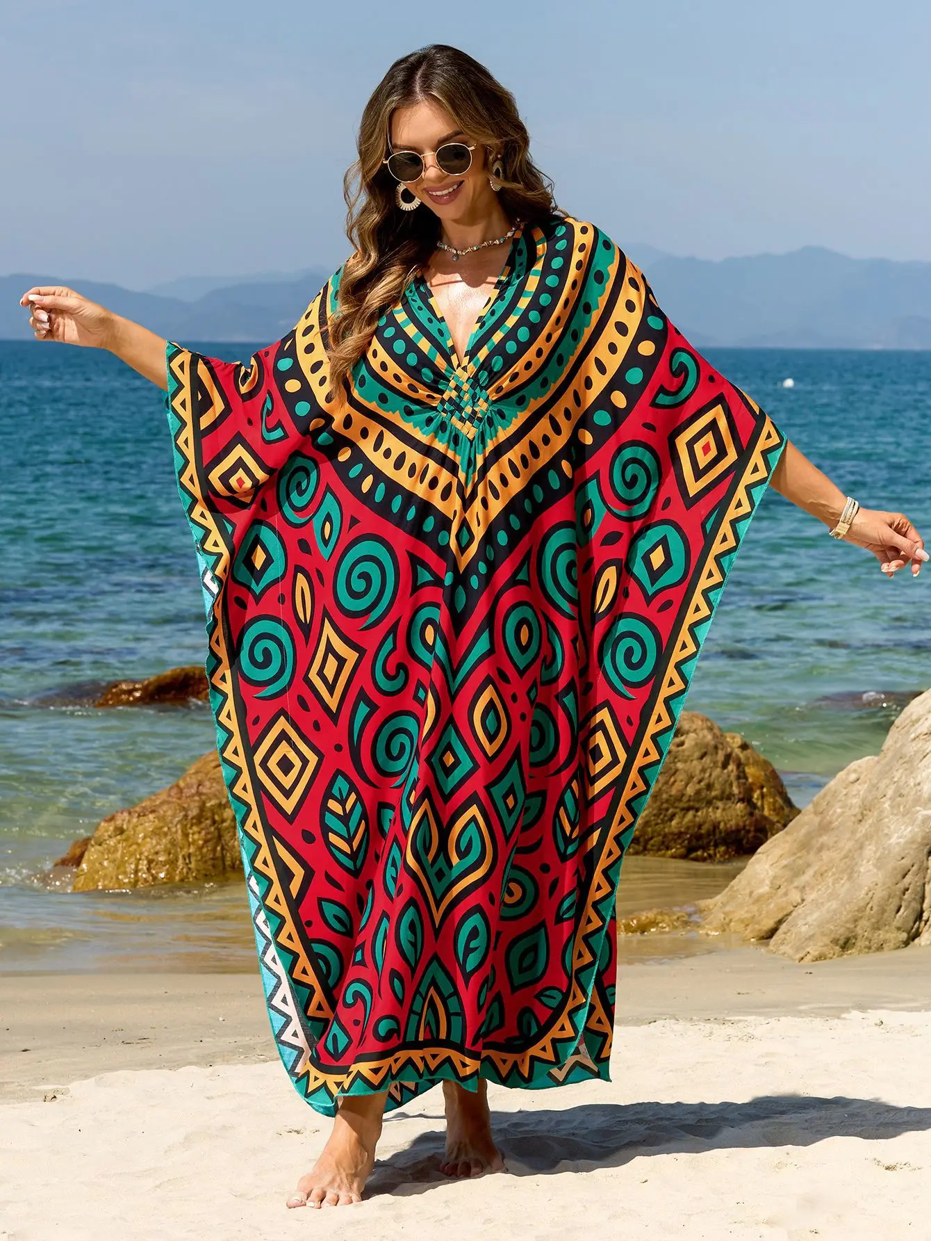 Robes de plage caftans imprimés géométriques pour femmes, tissées à la main, décolleté en V profond, fente latérale, vêtements de plage pour vacances d'été